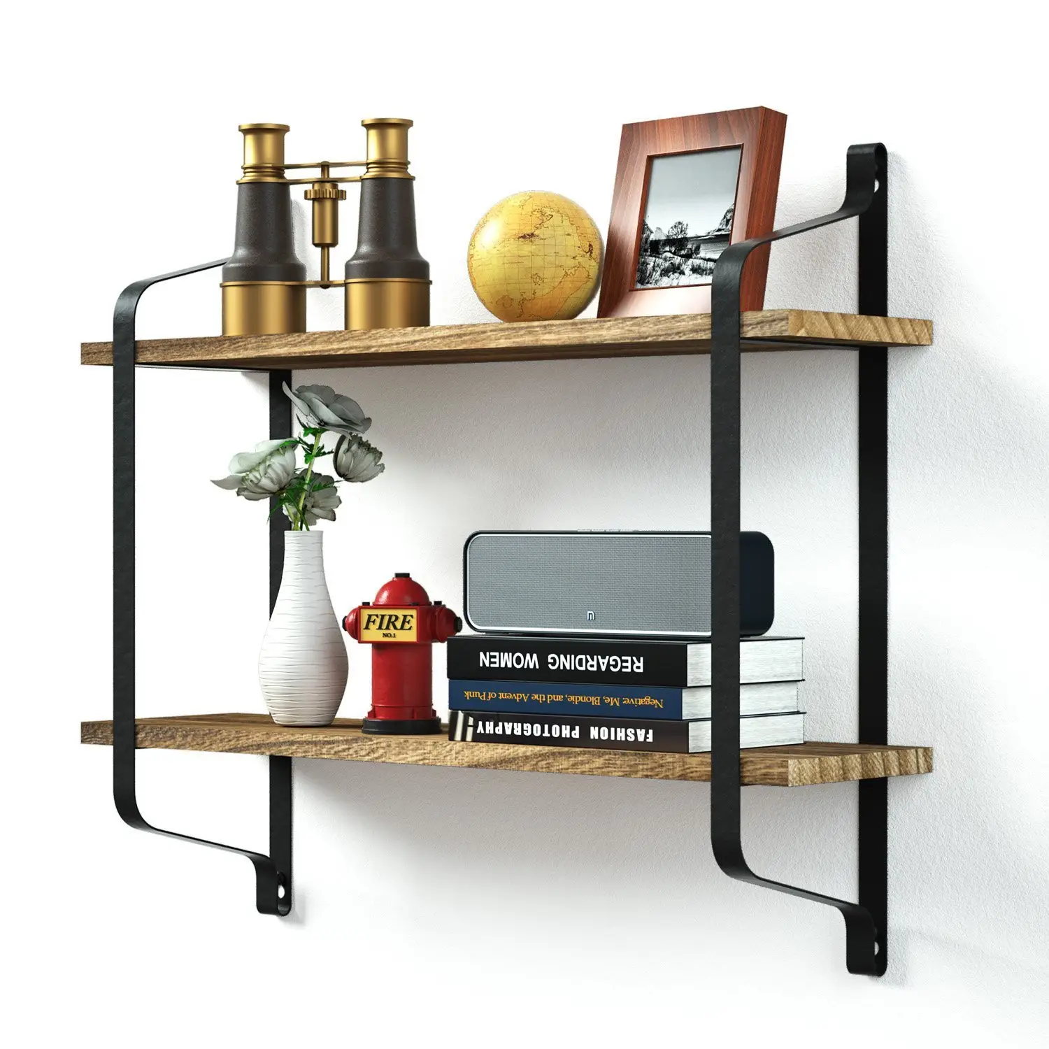 QL14 New Wrought Iron Shelf Kitchen And Bathroom Solid Wood Wall Shelf Wrought Iron Two-layer Storage Rack