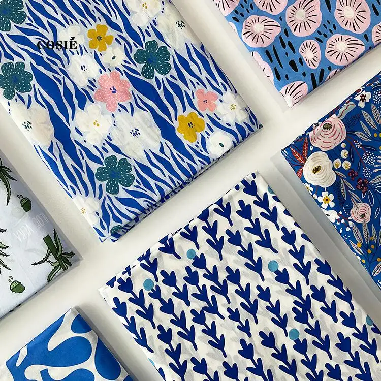 Accepter Design personnalisé Direct Digital Blue Floral Pattern Bundle Flower Textile Printed 100% Cotton Voile Fabric for Summer Dress