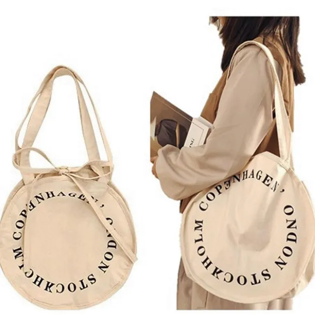 Custom Printed Logo Canvas Gift Cloth Round Bags Reusable Shopping Cotton Tote Bags For Women