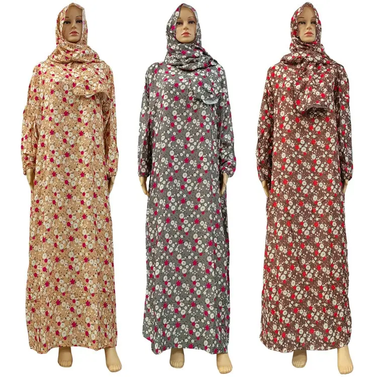 P0017 Newest African Abaya Muslim Dress Hijab Scarf Robe Dubai Turkey Prayer Clothing Women Floral Loose Dresses