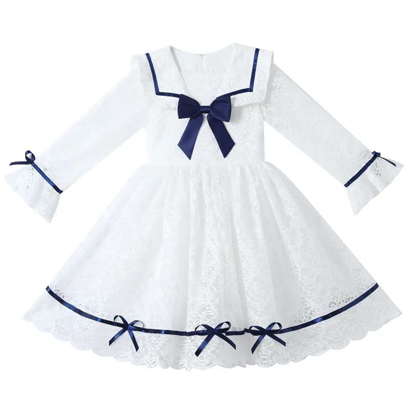 L035 Girls Dress Navy Collar College Style Lace Mesh Long-sleeved Princess simple Korean style Dresses