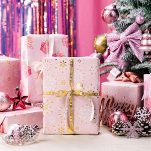 Reversible Christmas <b>Wrapping</b> <b>Paper</b> Roll 17x33 Feet Pink Gold Snowflake Tree Design Gift Craft Use - Product Image 2