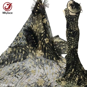 Tissu africain brodé de plumes noires, 1 pièce, Design Floral 3D, Tulle <span class=keywords><strong>français</strong></span>, paillettes, dentelle - Product Image 1