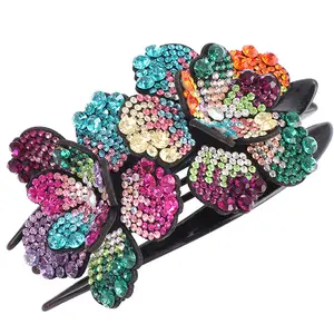 HX-227 Colorful Crystal Ladies Hair Grab Duckbill Fashion Large Hair Clips for Women Rhinestone Double Flower Hair Claw