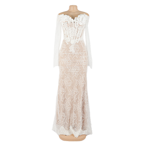 ชุดแต่งงานเจ้าสาวทรงเมอร์เมดหรูหราสง่างาม ผ้าลูกไม้ทรงหางปลา คอร์เซ็ทคอวี แขนยาว ผ้าปักลายละเอียด ผ่าสูง จับจีบ - Product Image 1