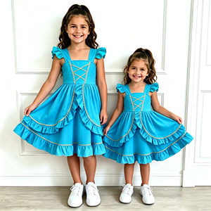 Robe de princesse bleu turquoise <span class=keywords><strong>pour</strong></span> filles, manches bouffantes, bordure dorée croisée, <span class=keywords><strong>jupe</strong></span> à volants superposés, robes décontractées <span class=keywords><strong>pour</strong></span> enfants, robes de fête <span class=keywords><strong>pour</strong></span> enfants - Product Image 1