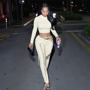 Y0563 Herbst und Winter Neues Damen-Langarm-Oberteil Sexy Hollow Out Strap Tight Pants Zweiteiliges Set - Product Image 5