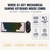 Clavier de jeu mécanique 61 touches et souris filaires, interrupteurs rouges, câble détachable, anti-ghosting 21 touches pour PC Gamer