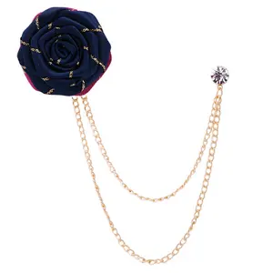 fashion men handmade ribbon flower brooch chain braidegroom suit ornament crystal diamond beaded tassel corsage lapel pin brooch