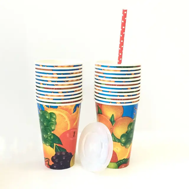 Copos de papel de suco com tampas e canudos, copo de papel revestido duplo pe de 12oz