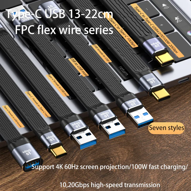 USB 3.1 Type-C USB3.0 Type-A Male Flat Slim FPC Cable 10gbps Data Transfer Pure Copper Conductors Fast Charging for Laptop Phone