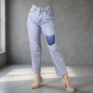 Jean ample vintage en denim 100 % coton pour femme, coupe droite, déchiré, jambe large, taille haute, rivets, extensible, délavage foncé ou clair - Product Image 3