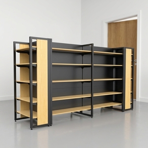 Estanterías Metálicas con Acabado de Madera de Primera Calidad, Exhibidores de Doble Cara Tipo Góndola para Boutiques, Tiendas de Cosméticos y Librerías - Product Image 1