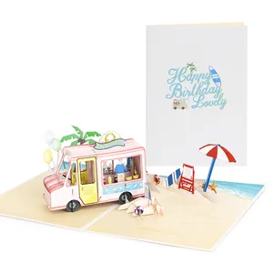 Winpsheng thẻ sinh nhật/tùy chỉnh sản phẩm mới mùa hè kỳ nghỉ kem xe Pop Up 3D hạnh phúc thẻ sinh nhật
