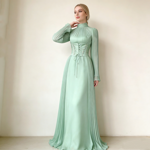 Robes pour femmes, vert menthe clair, col montant, col à volants, manches longues plissées, corset à lacets, taille cintrée, robes maxi élégantes - Product Image 4