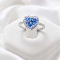 Bague pour femme en argent S925 avec moissanite bleue taillée en forme de cœur, bague de fiançailles romantique pour femme