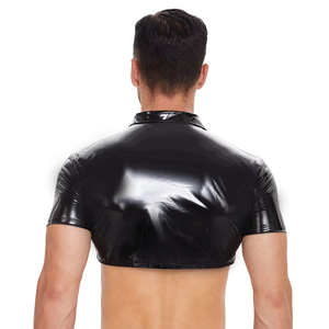 Heren sexy korte mouwen PVC lederen shirt glanzend erotisch vormende koker latex top casual T-shirt kort lederen jack voor heren - Product Image 2