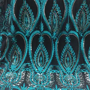 Boutique lace embroidery fabric high-end green sequin embroidery dress mesh