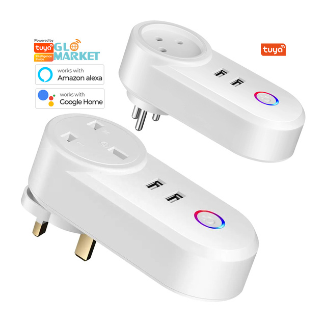 Glomarket Tuya Wifi Smart Socket with 2 USB Plug Outlet Adapter Voice Control Via Smart Life App for Google Home & Alexa