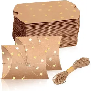 Small Gift Kraft Paper Chocolate Candy Pillow Boxes with Jute String for Wedding New Year Present Birthday Party Favor
