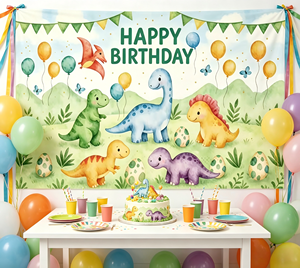 Toile <span class=keywords><strong>de</strong></span> fond d'anniversaire mignonne avec dinosaures, fond photo aquarelle jungle dinosaure pour enfants garçons, décoration d'anniversaire safari - Product Image 2