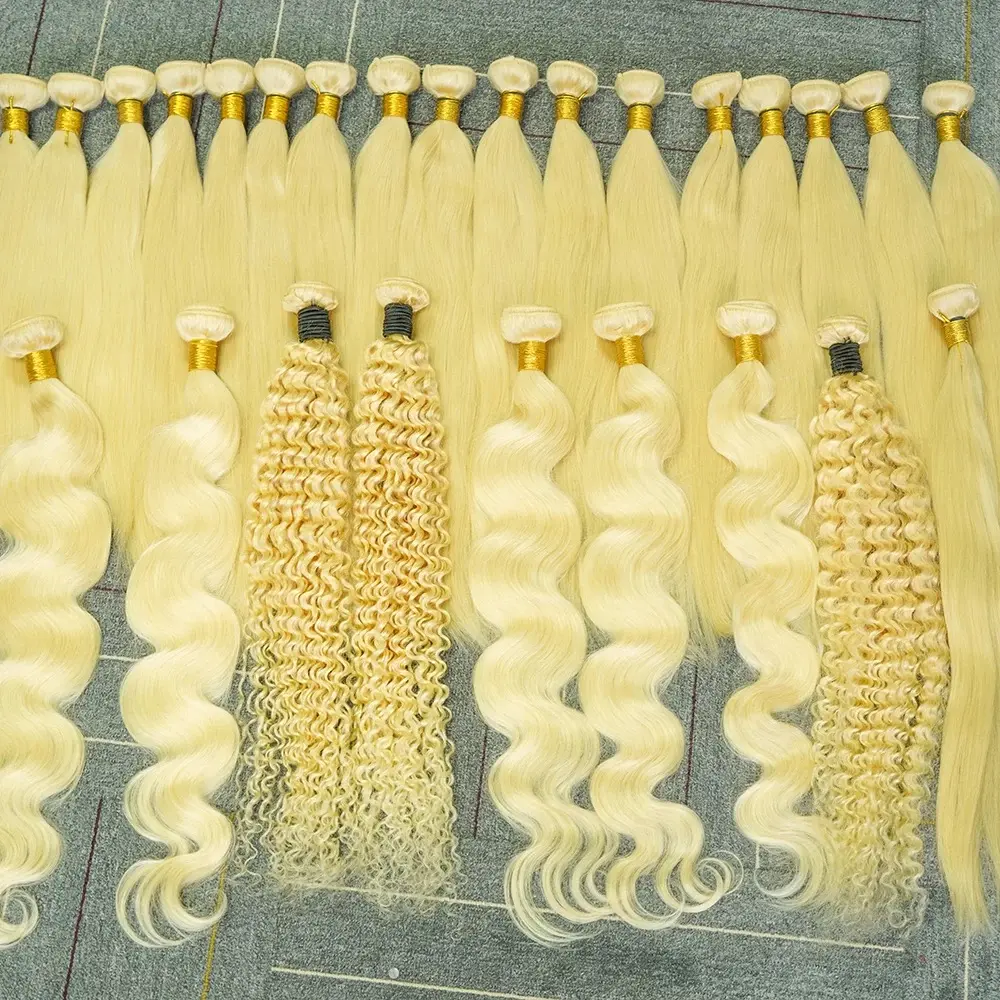 Commercio all'ingrosso 613 capelli vergini allineati alla cuticola/fascio di capelli umani vergini biondi russi 40 pollici estensione dei capelli umani brasiliani biondi