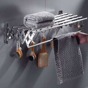 Porte-serviettes mural pliable en acier inoxydable avec crochets, finition poli miroir, 2 barres extensibles, support de serviettes de salle de bain - Product Image 3
