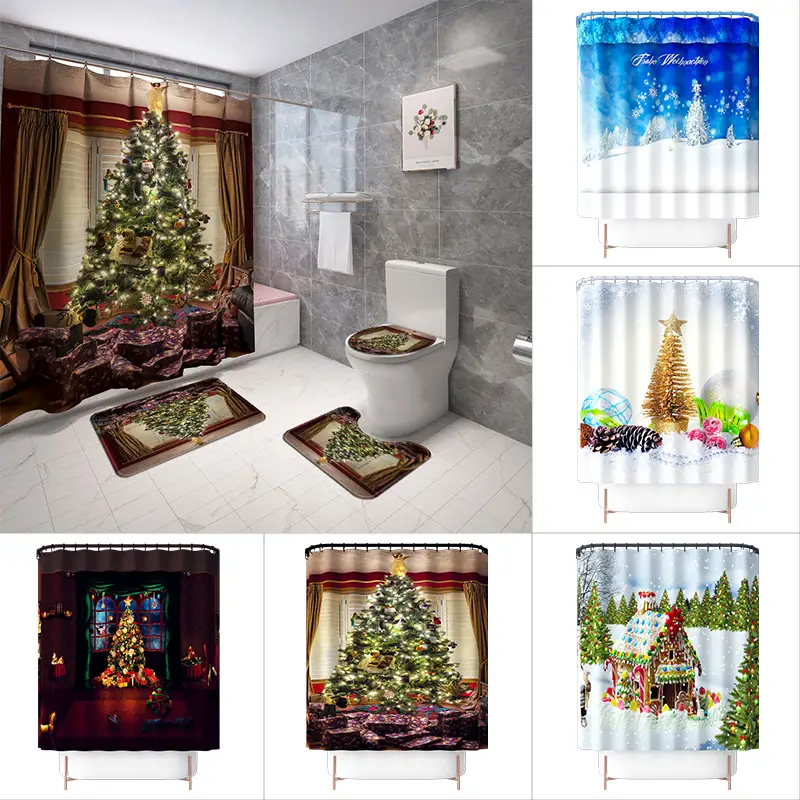Fantasy creative christmas tree pattern design bathroom shower curtains sets with floor mats