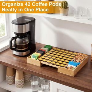 ที่เก็บแคปซูลกาแฟไม้พร้อมถาดเลื่อนสำหรับจัดเก็บบนโต๊ะทำงาน วัสดุไม้ไผ่ ปรับได้สำหรับแคปซูลและขนม - Product Image 4