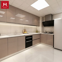 Meubles de cuisine modulaires modernes en forme de L, finition brillante |   Finition laquée personnalisée avec design sans poignée pour projets d'appartements