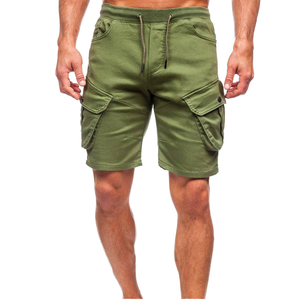 กางเกงขาสั้นทรงสลิมฟิตสำหรับผู้ชายพร้อมเอวยางยืด – กางเกงขาสั้นสีเขียวมะกอก – กางเกงขาสั้นผ้าฝ้ายลำลองสำหรับฤดูร้อนแบบมีเชือกผูก – สตรีทแวร์แบบมีกระเป๋าหลายช่อง - Product Image 1