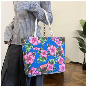 Nueva llegada: Bolsa de compras de lona de gran capacidad con estampado floral de moda, personalizada al por mayor, con asa de cuerda larga. - Product Image 1