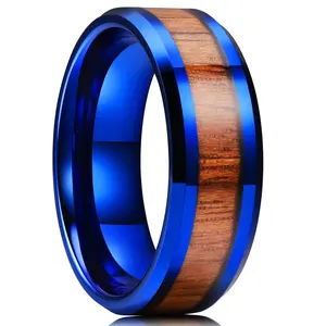 Aliança de casamento masculina de tungstênio azul com madeira de acácia mexicana polida chanfrada 8 mm, moda personalizada por atacado