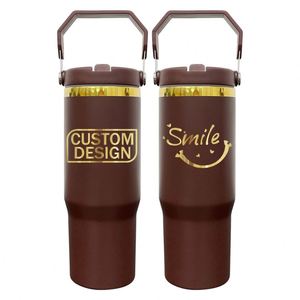 Gobelet isotherme en acier inoxydable de 30 oz avec paille rabattable, plaqué or, pour gravure laser, gobelet miroir plaqué or de 30 oz, bouteille d'eau couleur chocolat - Product Image 1