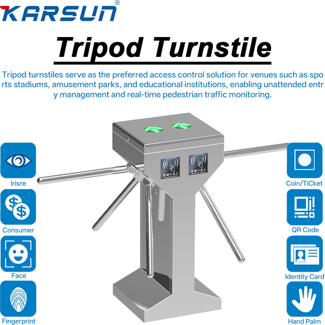Karsun Anti-Tailgate Tripod Turnstile Brushless Motor Contactless QR Code Access Counting Function 2-Way for Gym & Park & School