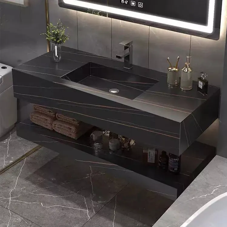 Современная настенная мебель с твердой поверхностью на столешницу умывальник для рук из спеченного камня черный туалетный столик для ванной комнаты мраморная раковина