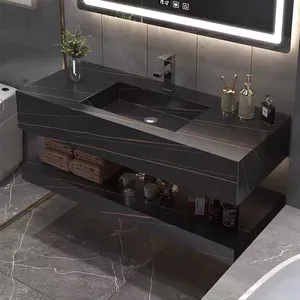 Surface solide meuble moderne suspendu comptoir lavabo à main pierre frittée vanité de salle de bain noire évier en marbre