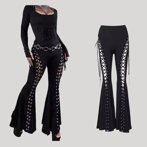 Pantalon noir pour femme, style punk, à œillets, à lacets, taille haute, évasé, gothique, à découpes et à bandes - Product Image 2