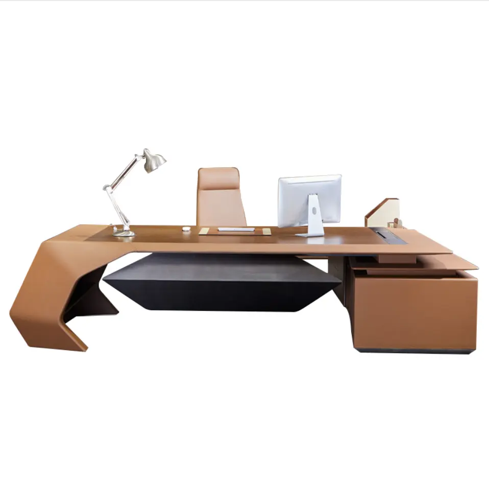 H-02 Moderne fantaisie unique conception ergonomique De Luxe Placage cuir exécutif bureau en forme de L