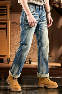 Heavy Stitch Men’s <b>Embroidered</b> Back pockets Stock Denim <b>Jeans</b> Mid Waist Washed Straight Leg fashion <b>jeans</b> - Product Image 4