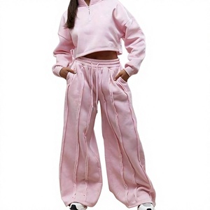 High Half Zip Neck Crop Shoulder Crop Sweatshirt Pleat Stitch Straight Wide Leg Sweatpants Two Piece <b>Women</b> Tracksuit <b>Set</b> - Product Image 1