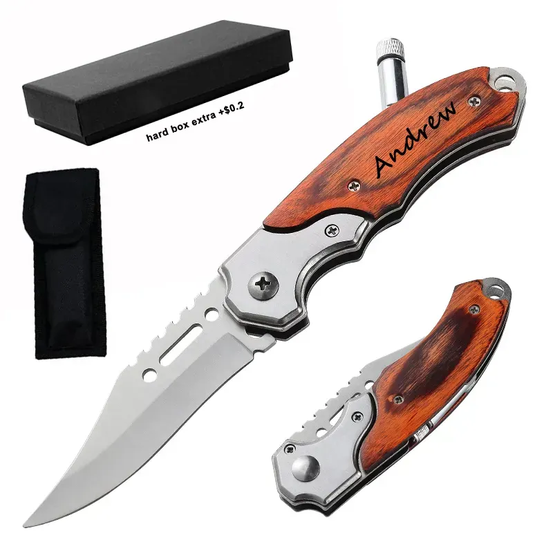 Best Selling Product Tactical Folding Blade Wood Handle Knife Outdoor Bushcraft Hunting Camping Pocket Knife with LED Flash