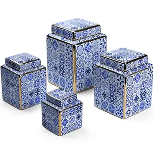 Boîte de rangement en céramique blanche et bleue avec bord doré brillant, pot de thé à café à la mode moderne de luxe, bocaux de forme carrée uniques