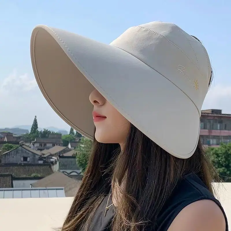 Cappello estivo da donna per il sole a tesa larga protezione collo UV solare da spiaggia cappelli pieghevoli coda di cavallo cappelli Panama da viaggio