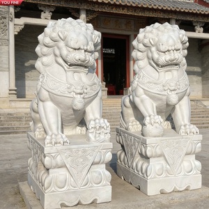 YOUFINE Statues de chiens chinois Foo sculptées à la main en marbre blanc, paire de gardiens traditionnels pour entrée et <span class=keywords><strong>temple</strong></span> - Product Image 1