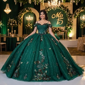 Dy6953 Stunning Emerald <b>Green</b> Quinceanera Ball Gown Sweetheart Neck Vintage Appliques 3D Floral Glitter Chiffon <b>Corset</b> Dress - Product Image 1