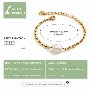 สร้อยข้อมือลิงค์มุกเดี่ยว สแตนเลสสตีลชุบสุญญากาศทอง 14K ประดับมุกเทียม สีทอง - Product Image 4