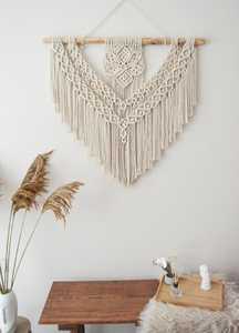 Décoration murale bohème en macramé, corde en coton naturel, motif géométrique, forme irrégulière avec cheville en bois flotté pour salon - Product Image 2