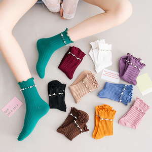<span class=keywords><strong>Chaussettes</strong></span> ras du cou tendance pour femmes, motif volanté élégant avec perles, en coton tricoté, idéales pour le printemps – Vente en gros - Product Image 1