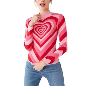 custom pink Love heart printed sweater knitted jumper women slim heart sweater heart